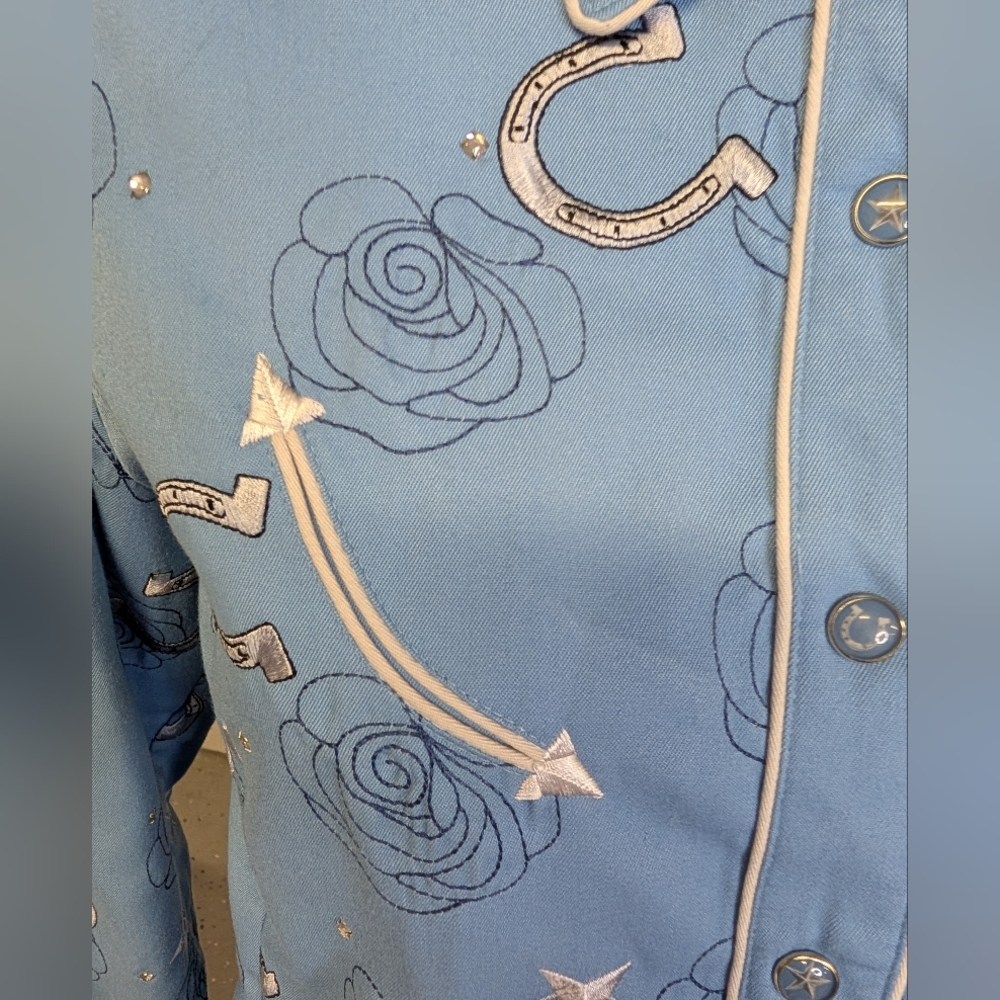 Scully Western-Style Snap Button-Up Shirt Piping Horseshoes Roses Rhinestone SzM - Picture 2 of 7